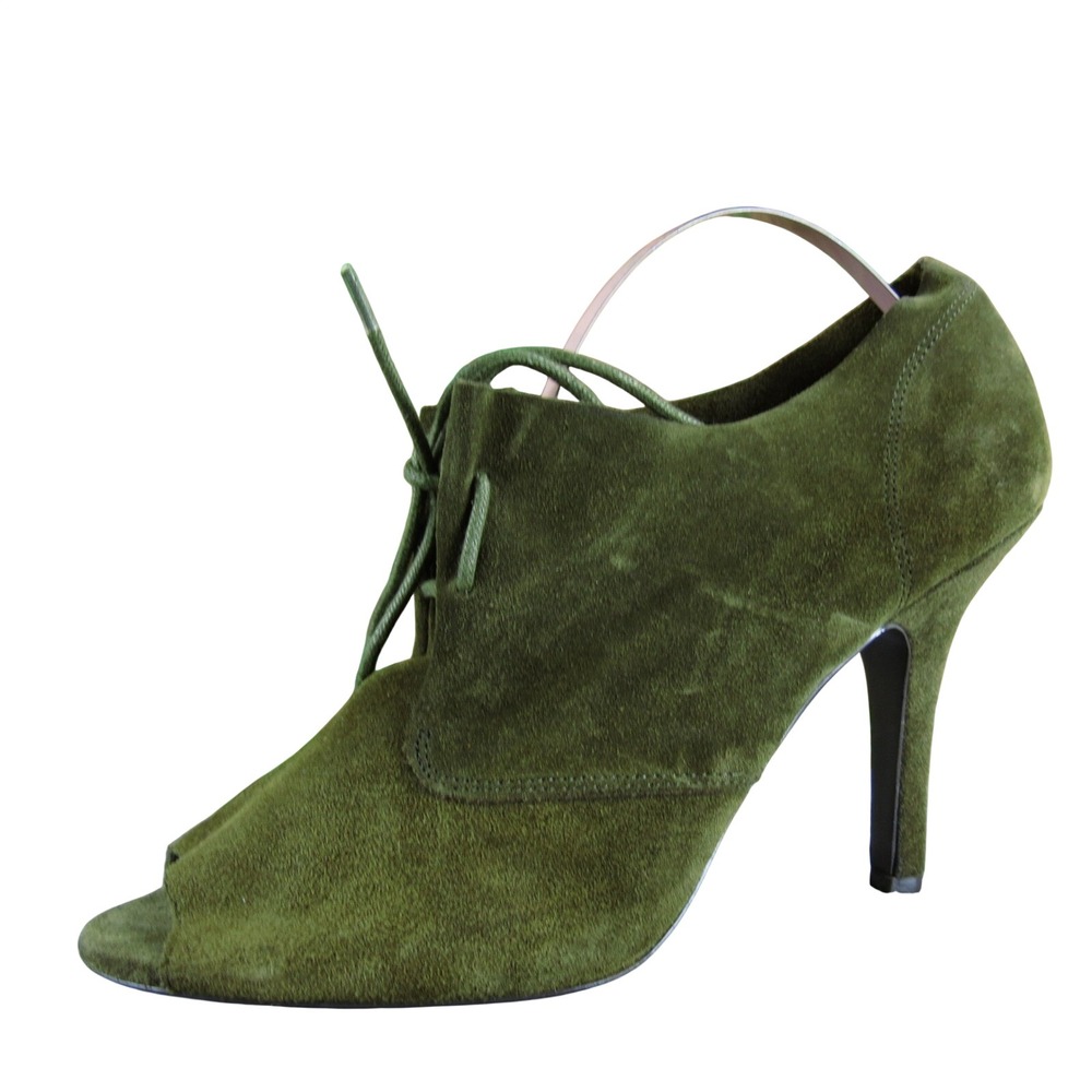 BCBG Paris Lazare Women 9.5 Green Suede Lace-Up Peep Toe High Heel Booties